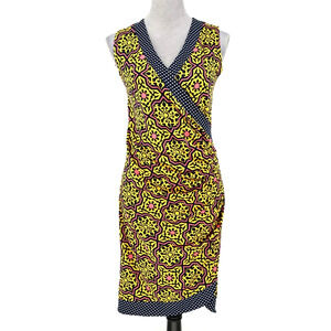 Tracy Negoshian Dress Womens Small Blue Yellow Stretch Knit Faux Wrap Resort